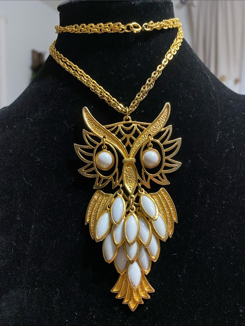 Gold Articulating Owl Pendant Necklace with White Accents